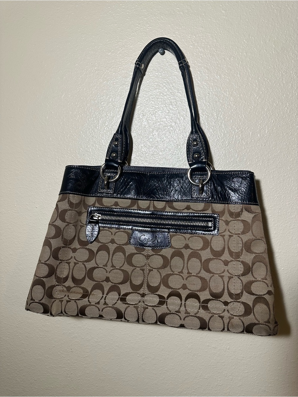COACH Penelope Signature Shopper Canvas, F15533  Black Leather accent